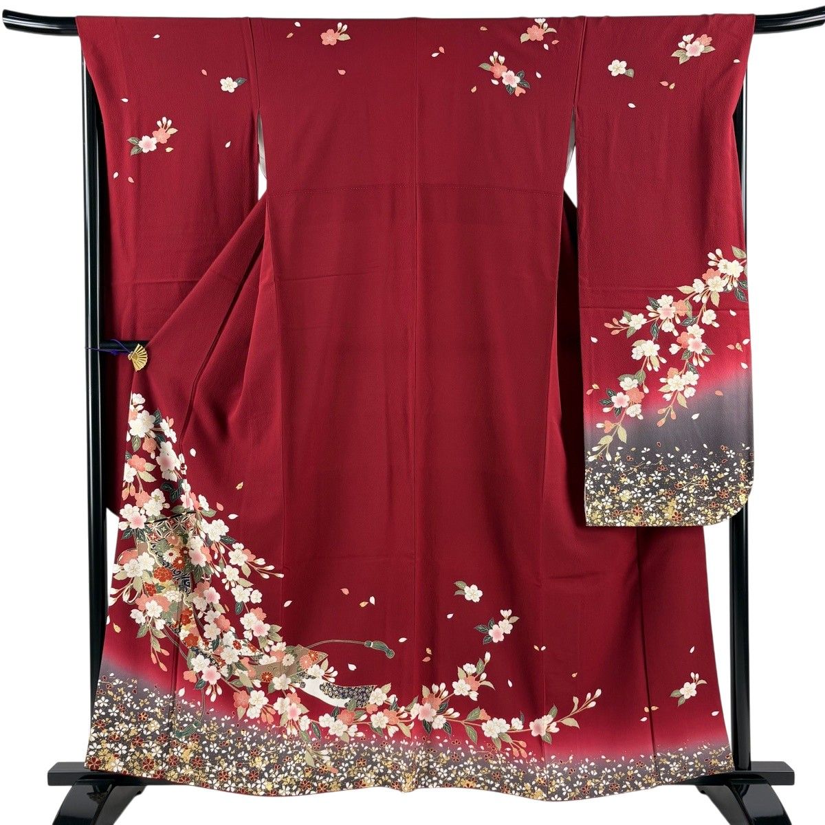 【美品】 振袖 身丈159.5cm 裄丈67.5cm L 袷 鈴乃屋 几帳 桜 金彩 ぼかし えんじ色 正絹 名品 【中古】