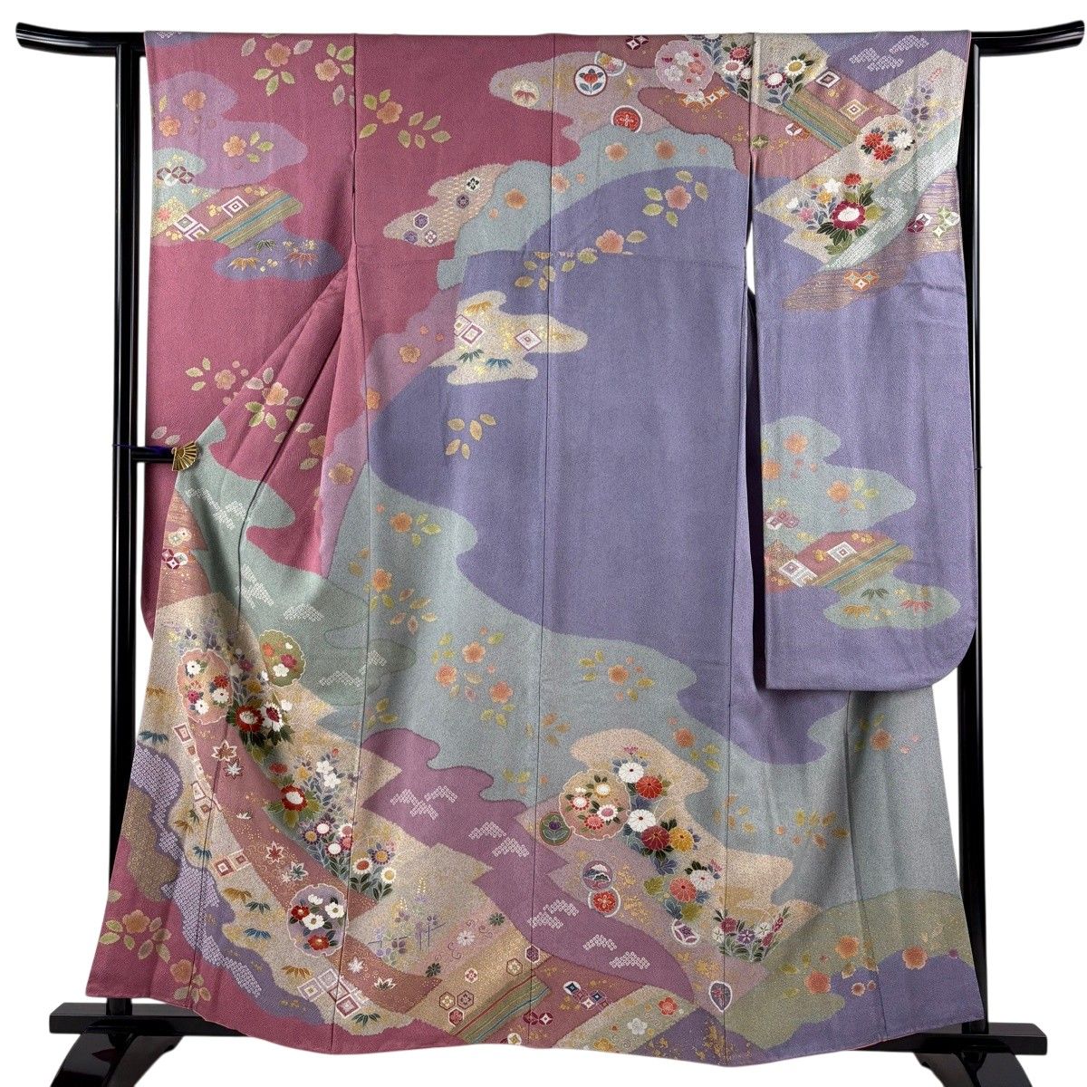 振袖 身丈158cm 裄丈63.5cm S 袷 雪輪 草花 金糸 金彩 ピンク 正絹 名品 【中古】