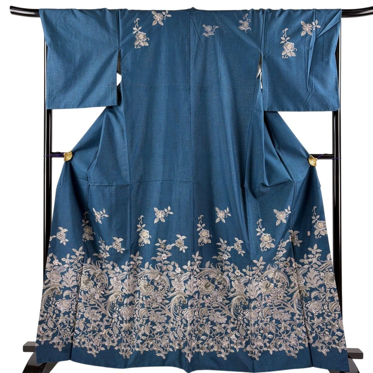 訪問着 身丈163cm 裄丈69cm L 袷 紬地 落款 鳥 草花 刺繍 銀通し 藍色 正絹 名品 【中古】