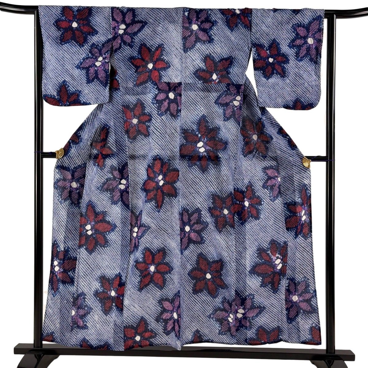 【美品】 浴衣 身丈155.5cm 裄丈64cm M 絞り浴衣 花 紺色 綿 名品 【中古】