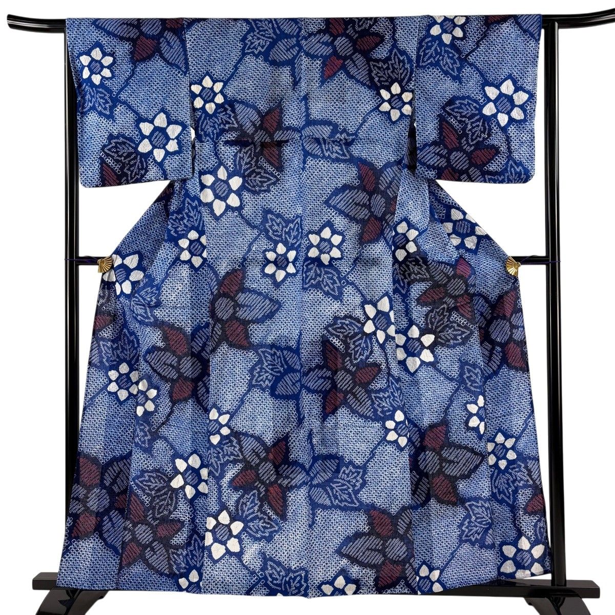 浴衣 身丈160cm 裄丈64.5cm M 絞り浴衣 草花 絞り 青 綿 名品 【中古】
