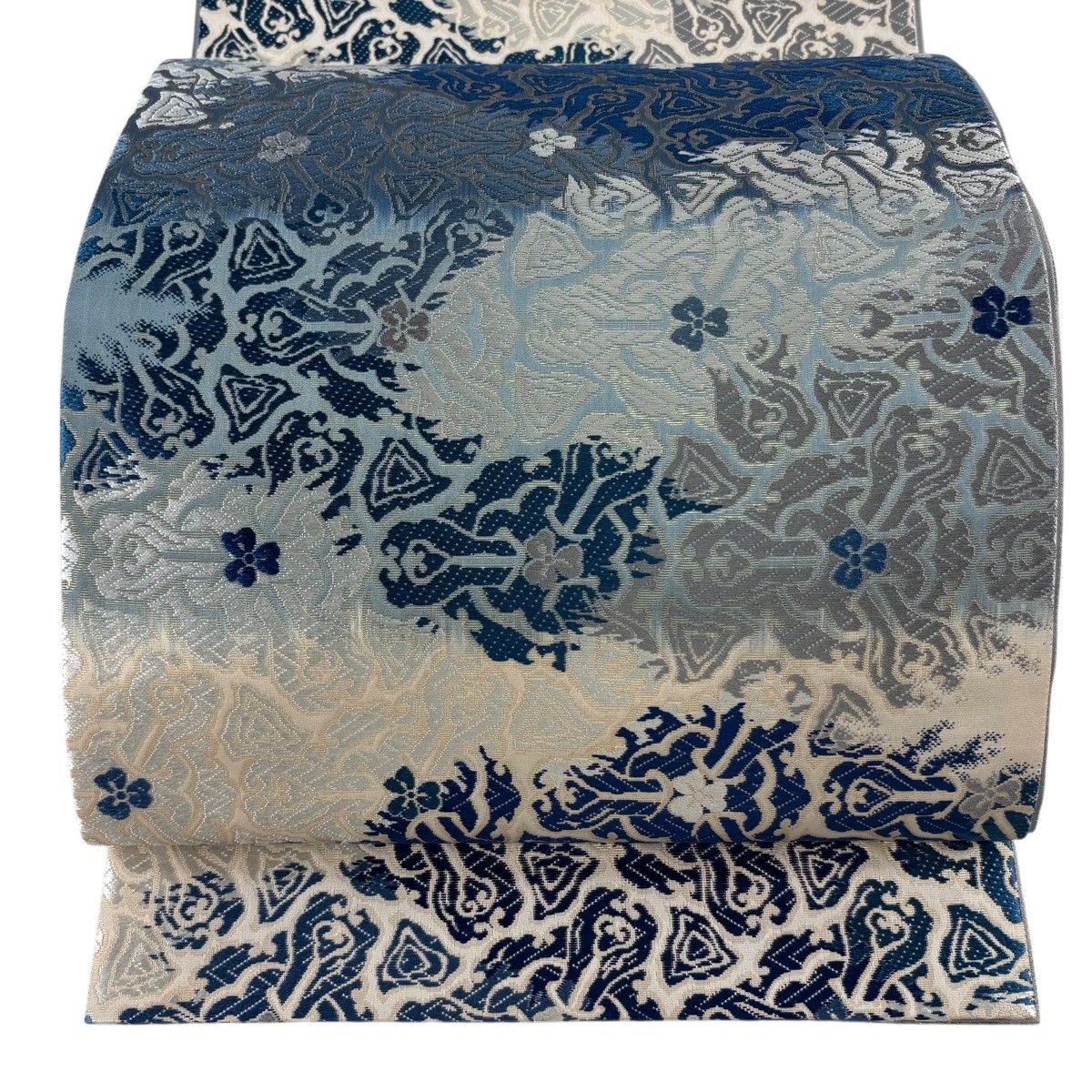 【美品】 袋帯 名品 花 幾何学 箔 青 六通 正絹 【中古】