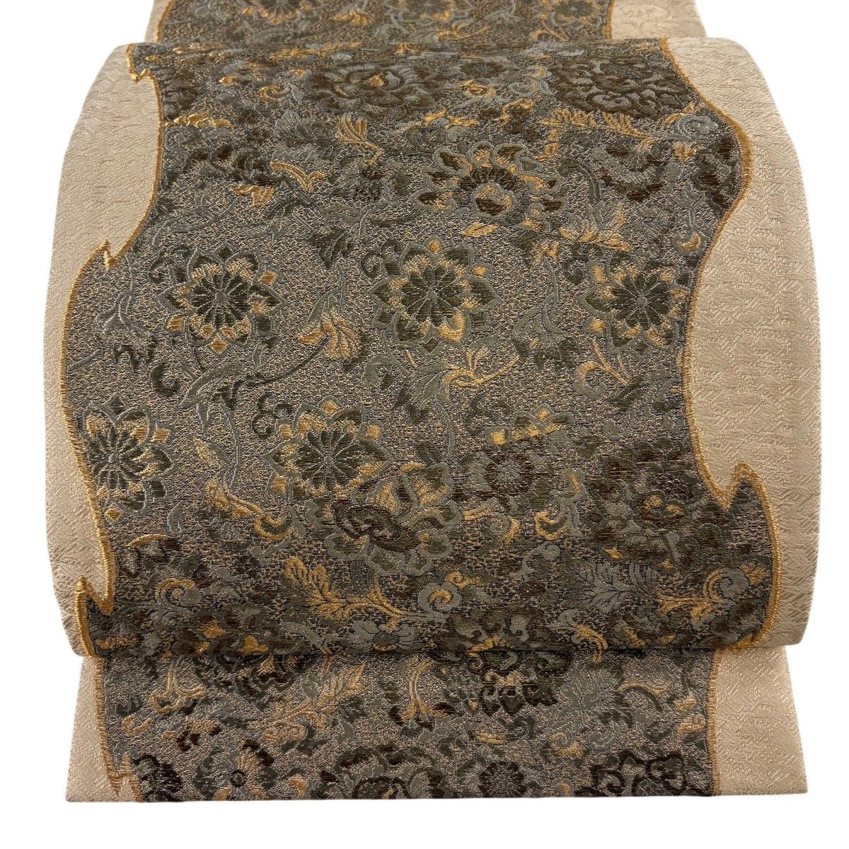 【美品】 袋帯 名品 落款 花唐草 幾何学 金糸 薄茶色 六通 正絹 【中古】