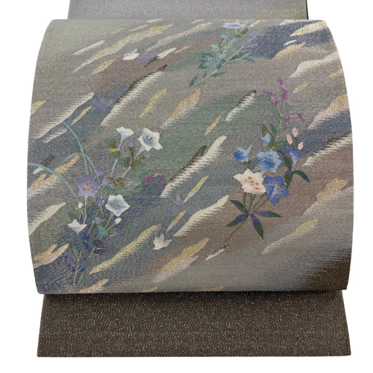 【美品】 袋帯 名品 やまと 草花 霞 金糸 金銀通し 灰色 お太鼓柄 正絹 【中古】