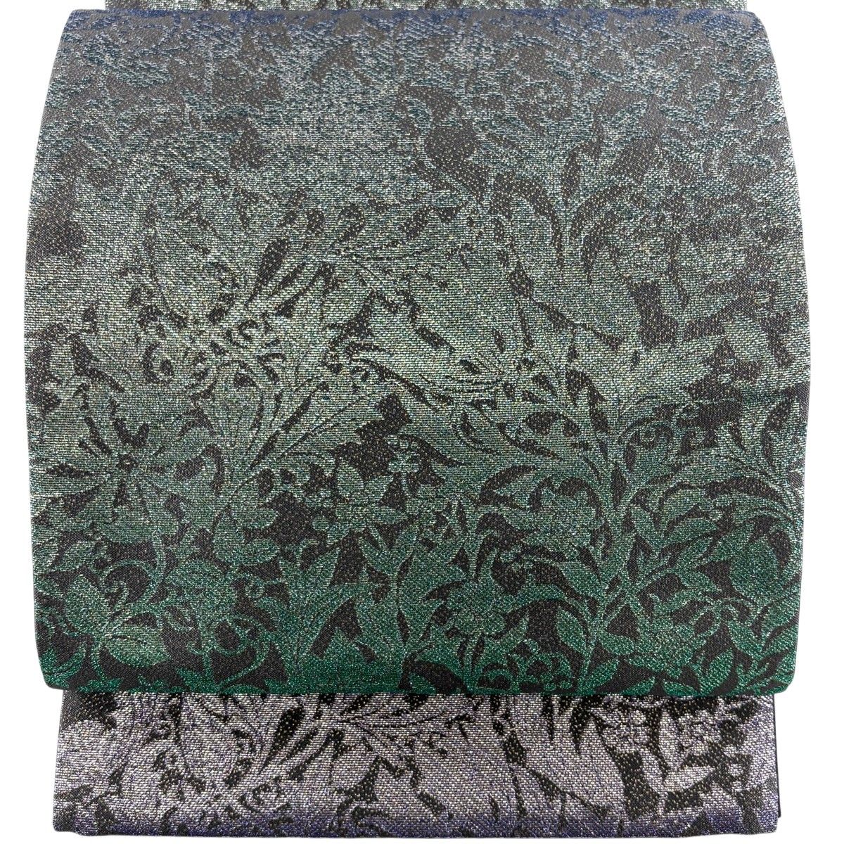 【美品】 袋帯 名品 落款 花唐草 箔 灰色 六通 正絹 【中古】