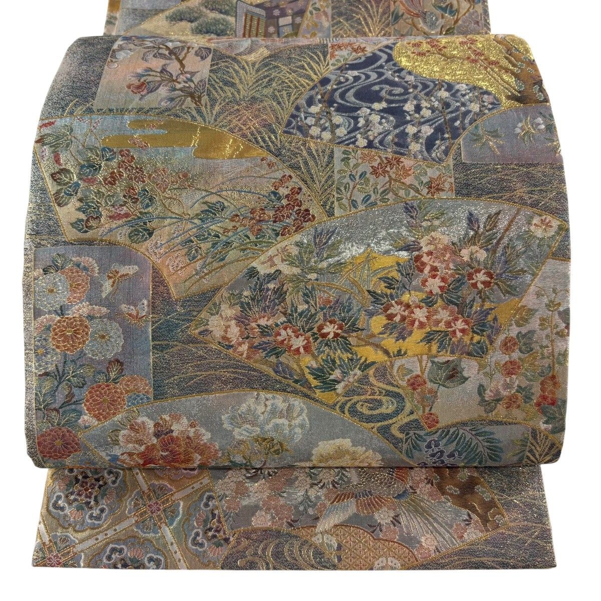 丸帯 名品 伝承国宝図 箔 金糸 青緑 お太鼓柄 正絹 【中古】
