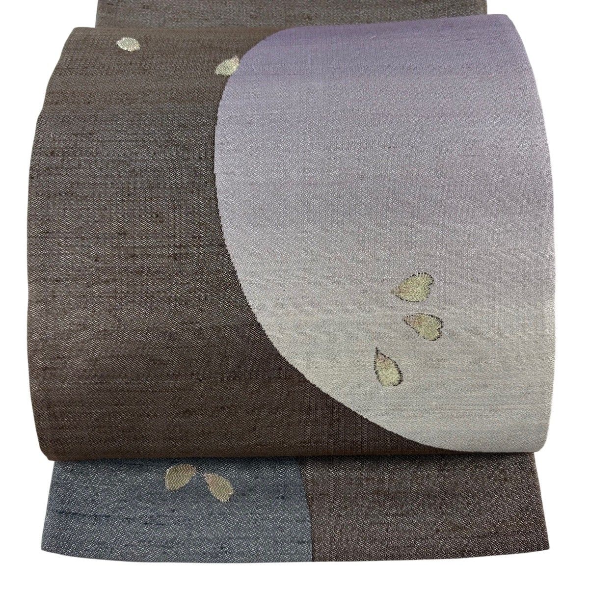 【美品】 袋帯 名品 桜の花びら 銀通し 金糸 茶色 六通 正絹 【中古】