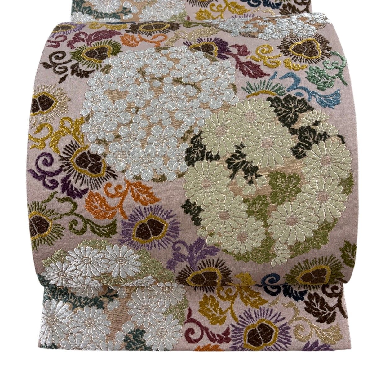 【美品】 袋帯 名品 蘇莫者菊梅文 唐織 箔 ピンクベージュ 六通 正絹 【中古】
