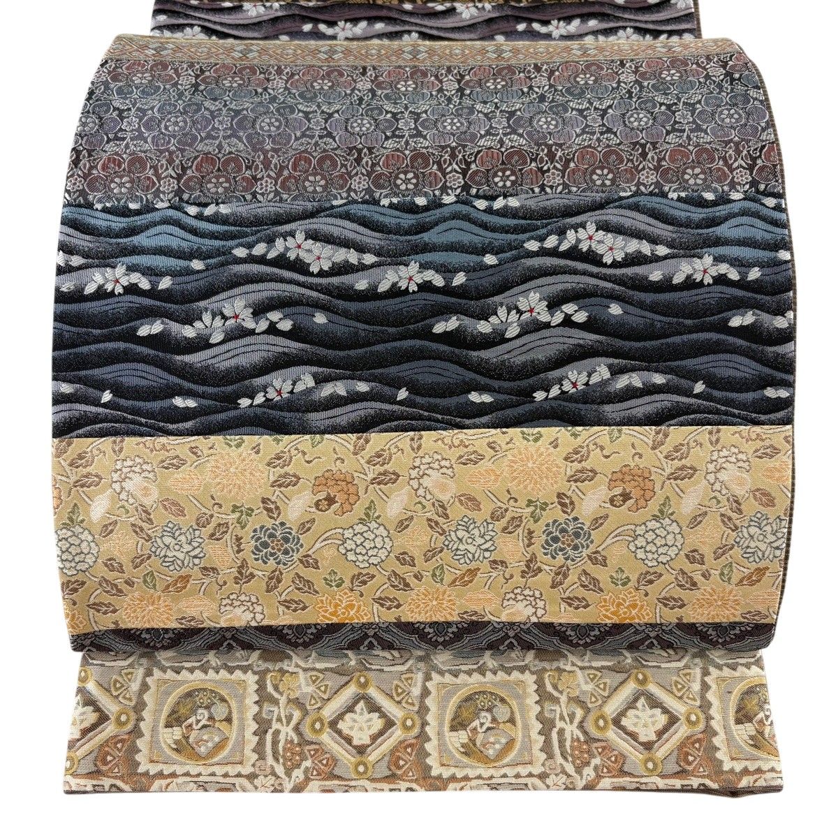 【美品】 袋帯 名品 段縞 草花 金糸 箔 灰紫 六通 正絹 【中古】