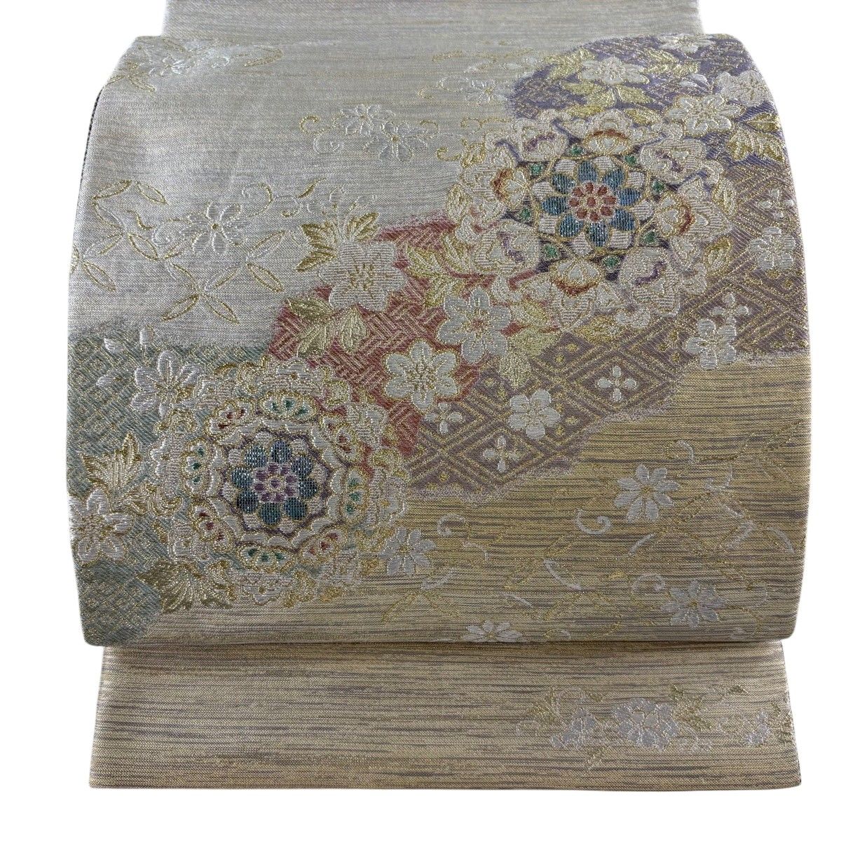 【美品】 袋帯 名品 やまと 華文 花唐草 螺鈿箔 金銀糸 ベージュ お太鼓柄 正絹 【中古】