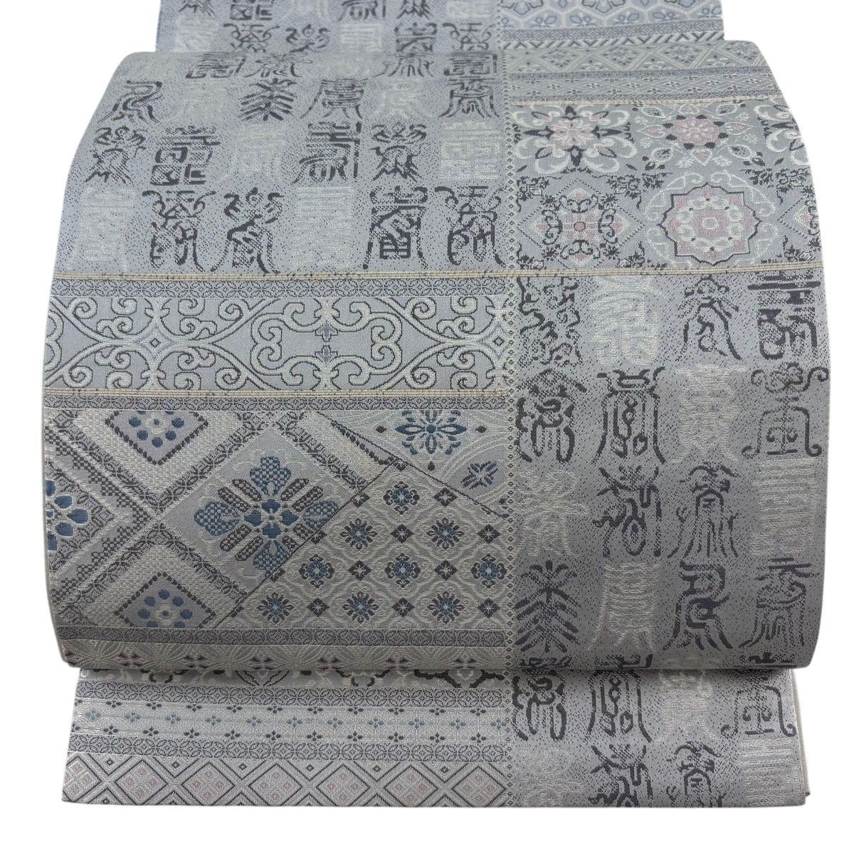 【美品】 袋帯 名品 大島紬吉祥百段寿文 箔 青灰色 お太鼓柄 正絹 【中古】