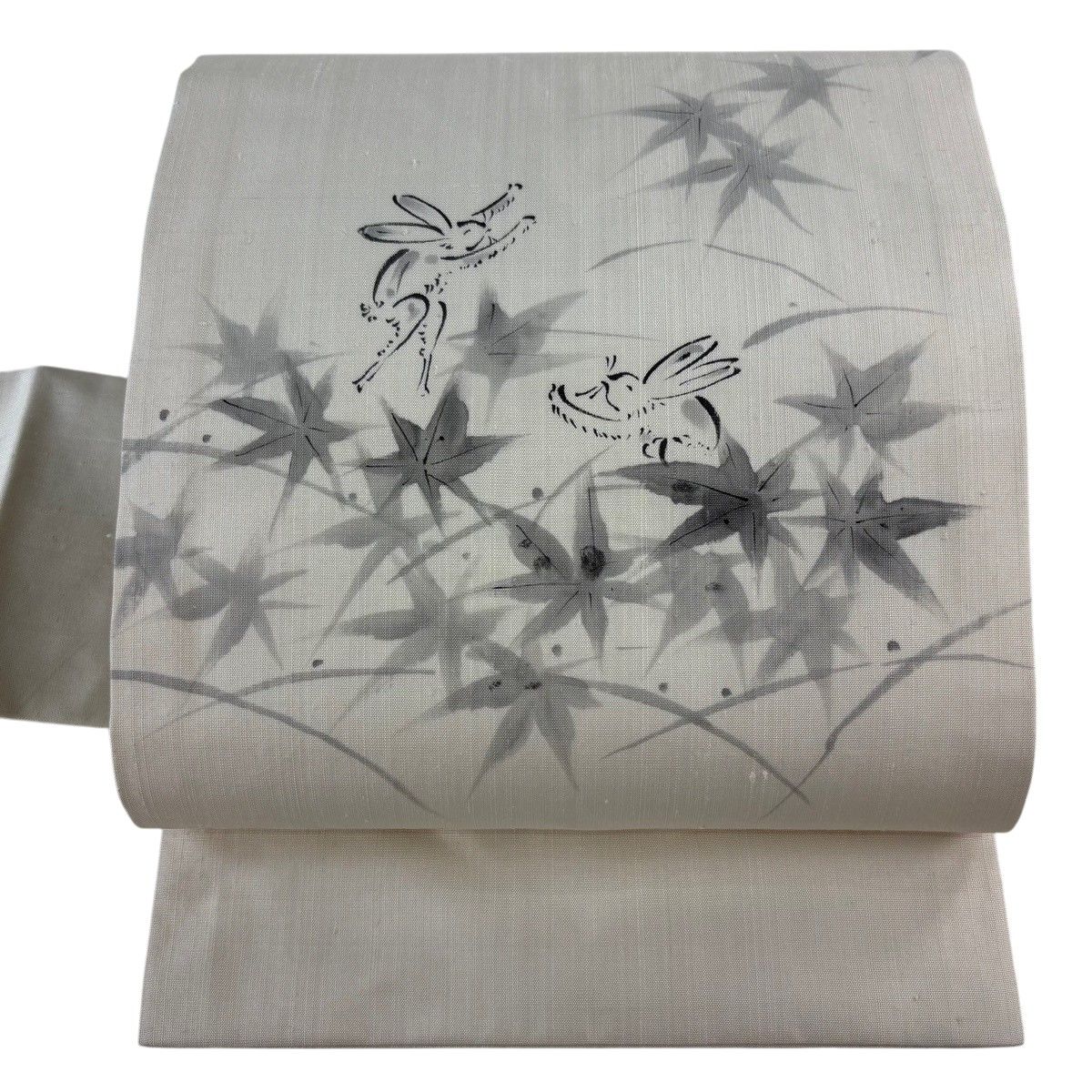 名古屋帯 名品 うさぎ 紅葉 白 正絹 【中古】