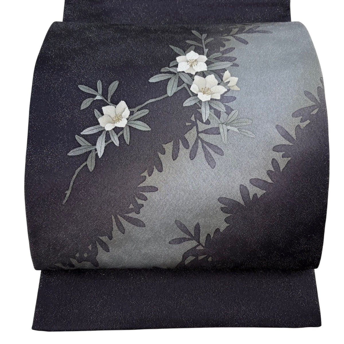 【美品】 袋帯 名品 草花 シルエット 銀通し 金彩 濃紫 お太鼓柄 正絹 【中古】