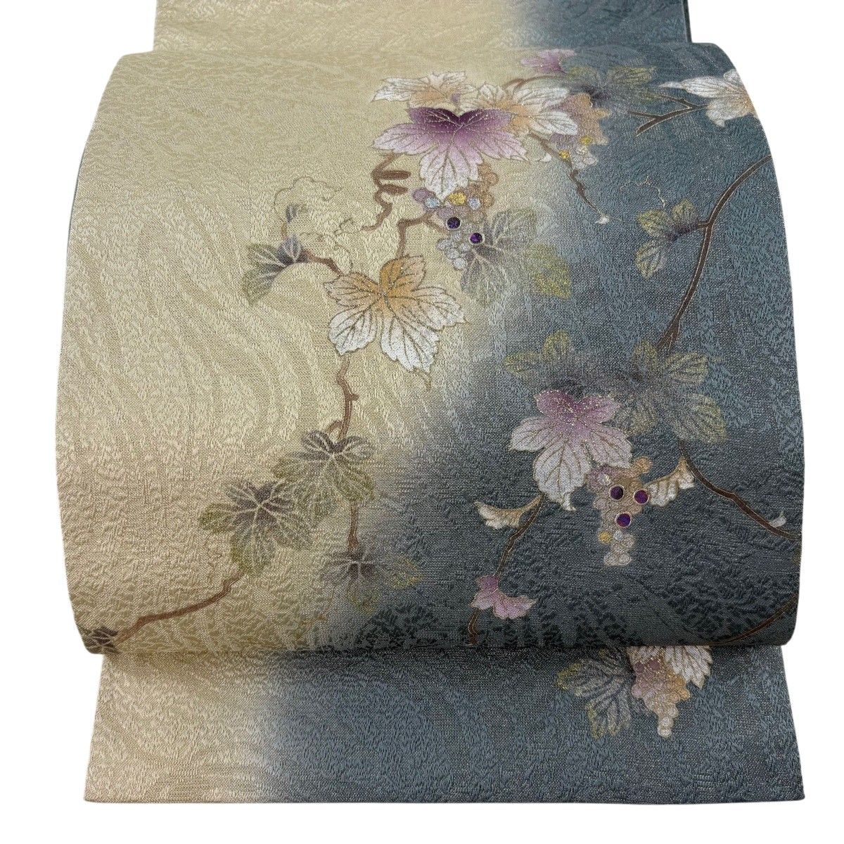【美品】 袋帯 名品 葡萄 螺鈿 金彩 ベージュ お太鼓柄 正絹 【中古】