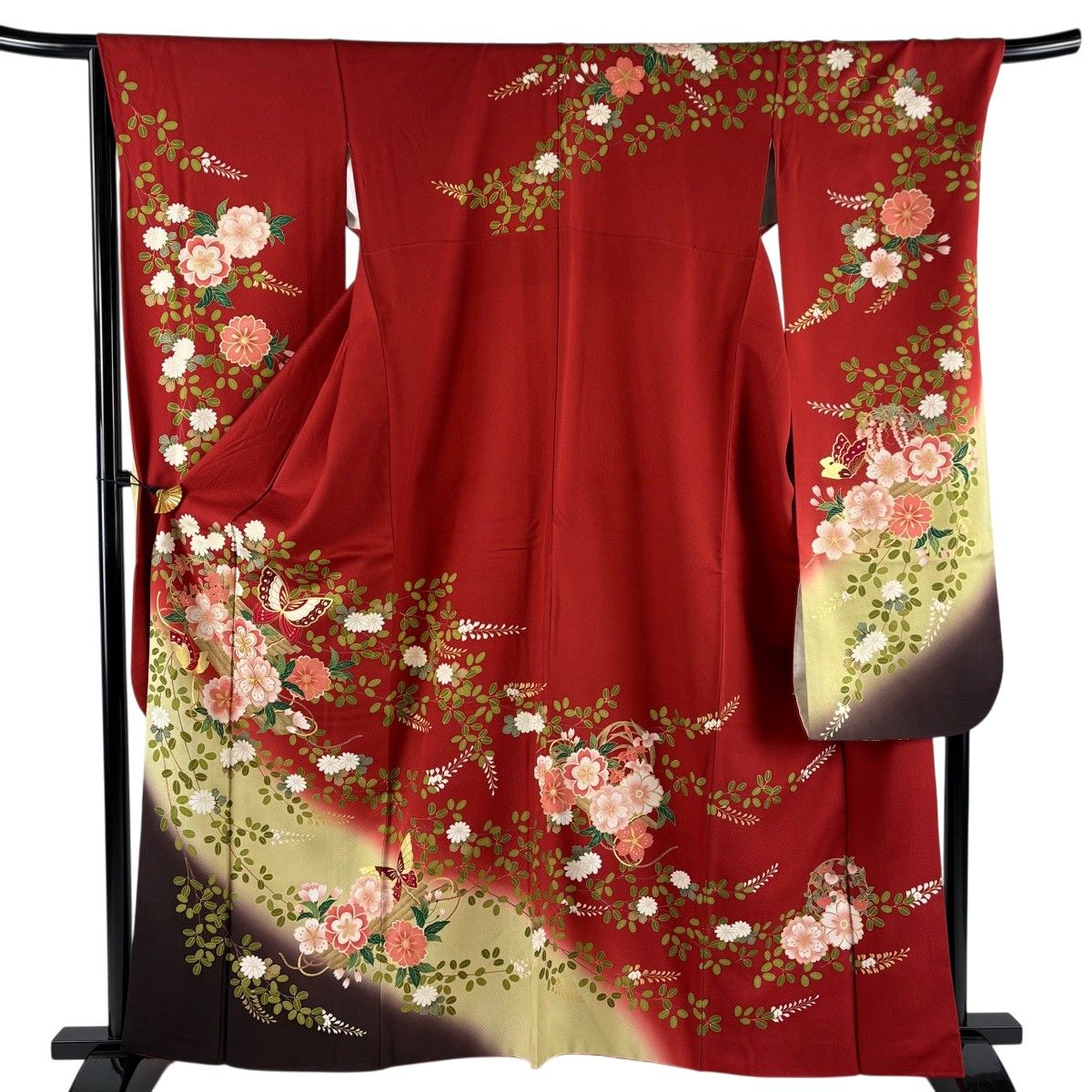 振袖 身丈161cm 裄丈68.5cm L 袷 花筏 蝶 金糸 金彩 赤 正絹 秀品 【中古】