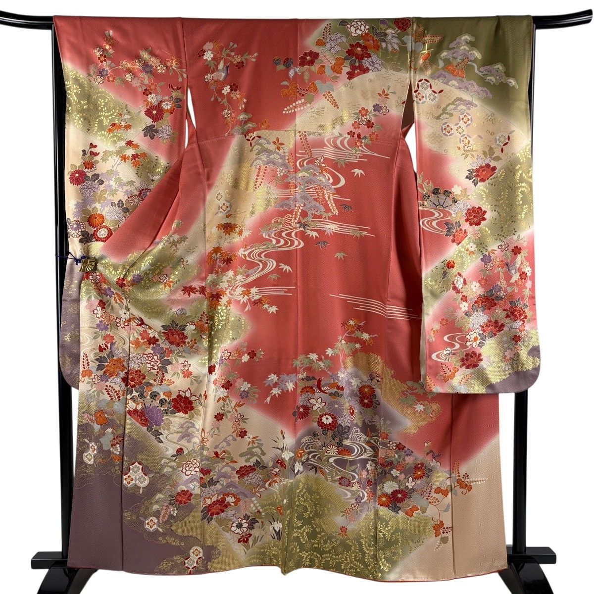 振袖 身丈162.5cm 裄丈67cm M 袷 土車 草花 金糸 金彩 ピンク 正絹 秀品 【中古】