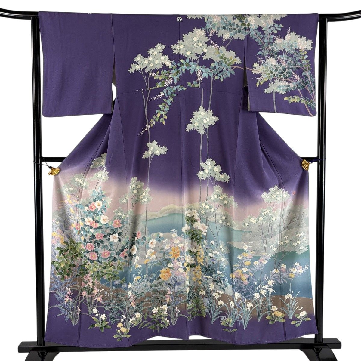 訪問着 身丈155cm 裄丈63cm S 袷 落款 椿 草花 ぼかし 染め分け 紫 正絹 秀品 一つ紋 【中古】