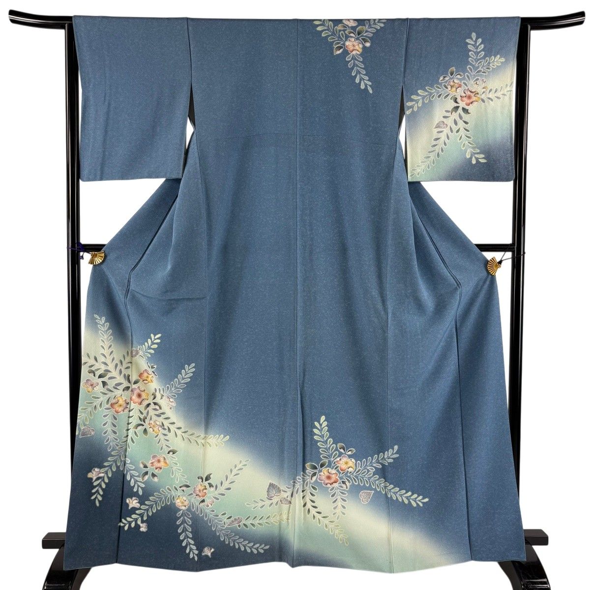 訪問着 身丈165.5cm 裄丈64cm M 袷 草花 染め分け ぼかし 青灰色 正絹 秀品 【中古】
