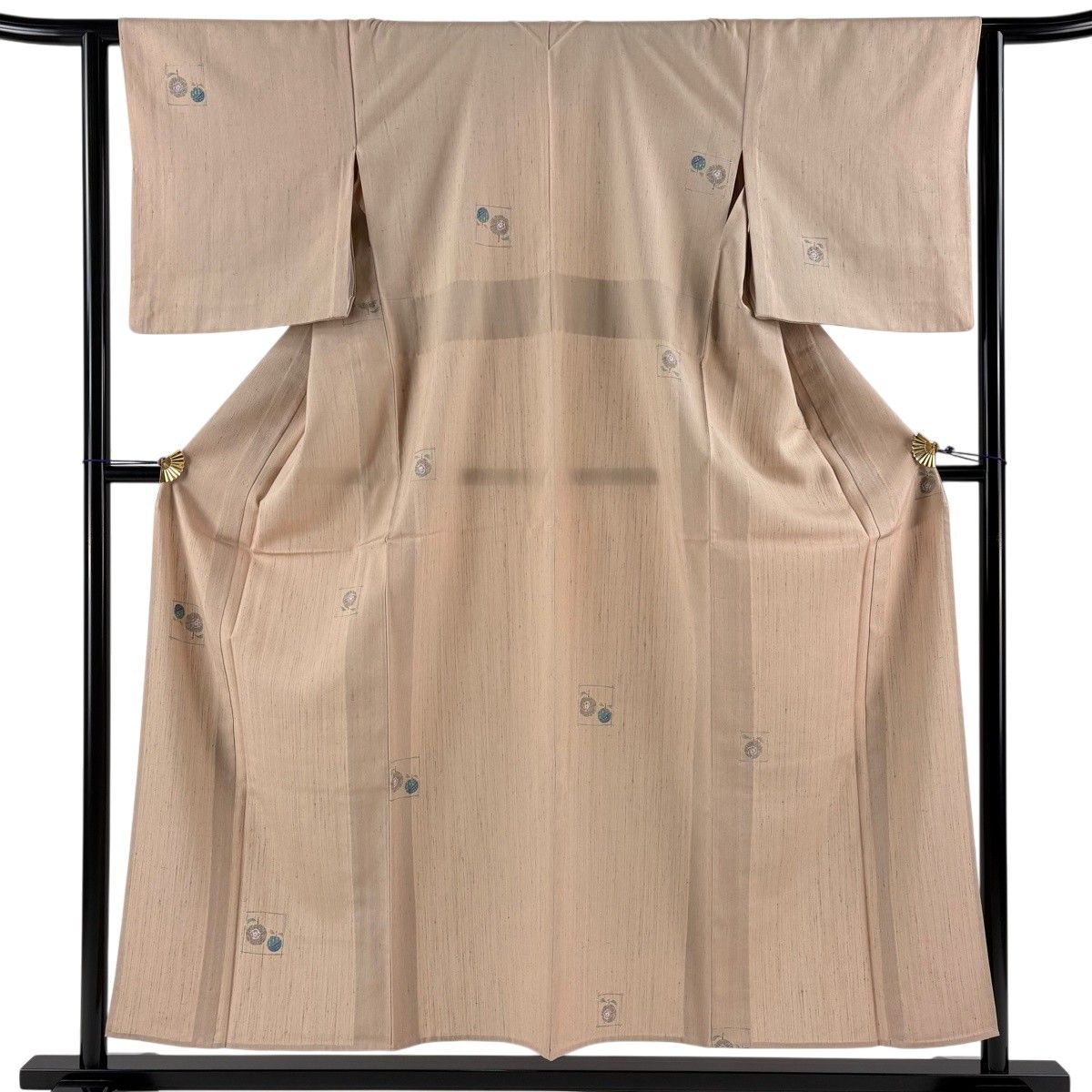 小紋 身丈153.5cm 裄丈63cm S 単衣 紬地 生り物 草花 薄茶色 正絹 秀品 【中古】