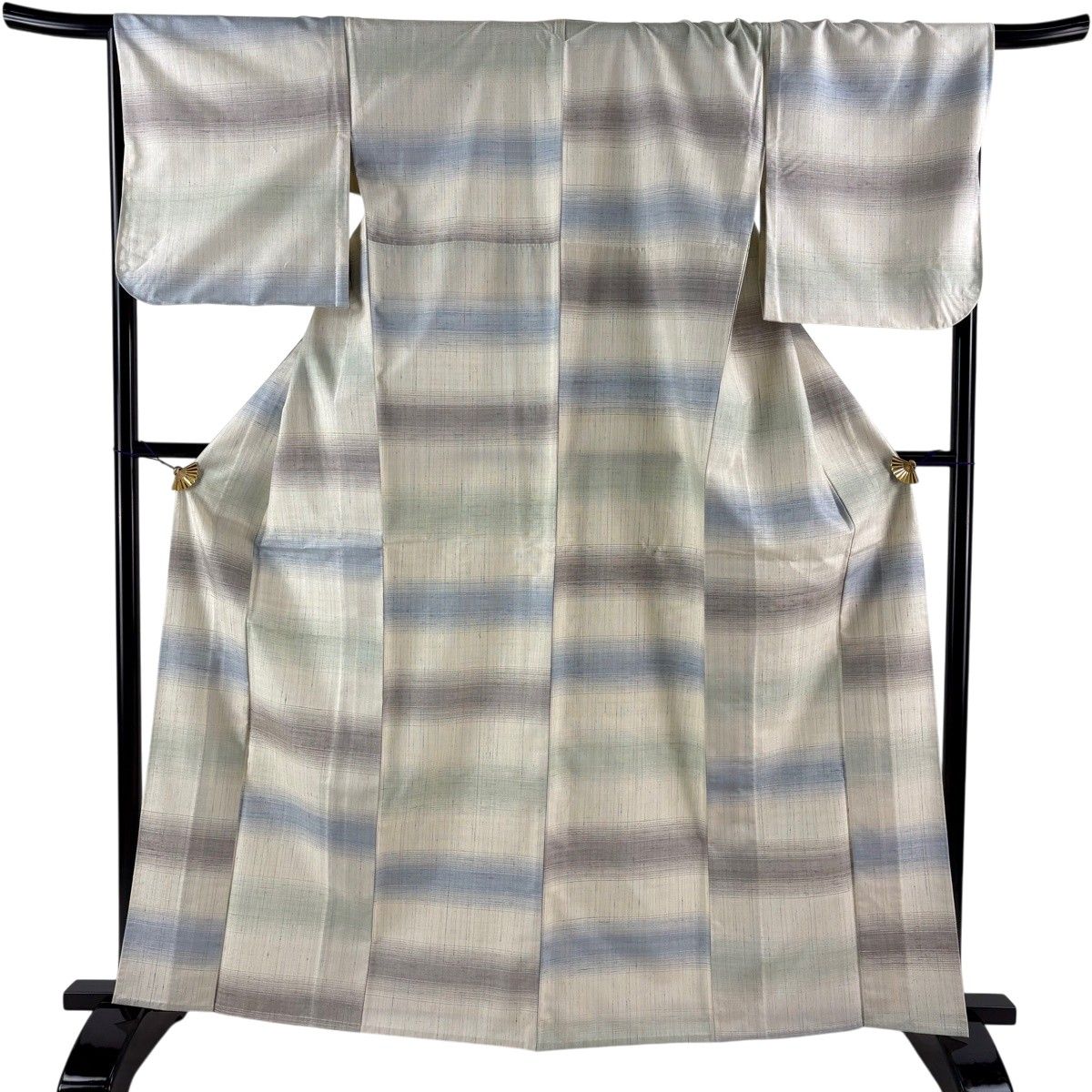 【美品】 紬 身丈163cm 裄丈69.5cm L 単衣 証紙 段縞 ベージュ 正絹 秀品 【中古】