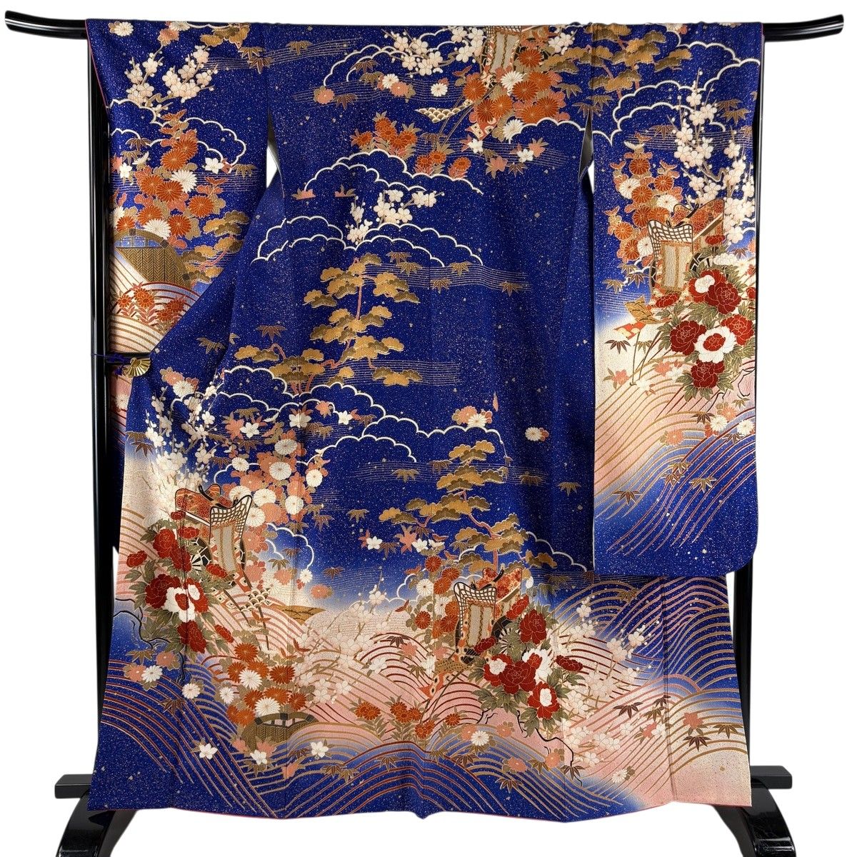 振袖 身丈164.5cm 裄丈67cm M 袷 御所車 牡丹 金彩 ぼかし 青紫 正絹 秀品 【中古】