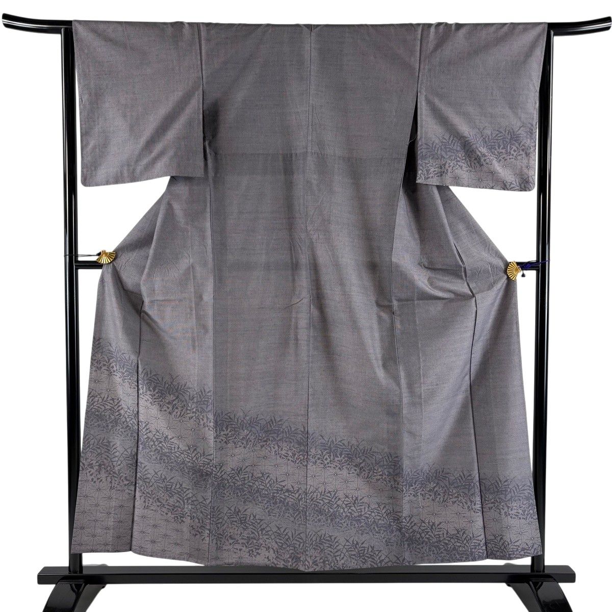 付下げ 身丈157cm 裄丈64.5cm M 単衣 紬地 葉柄 灰紫 正絹 秀品 【中古】