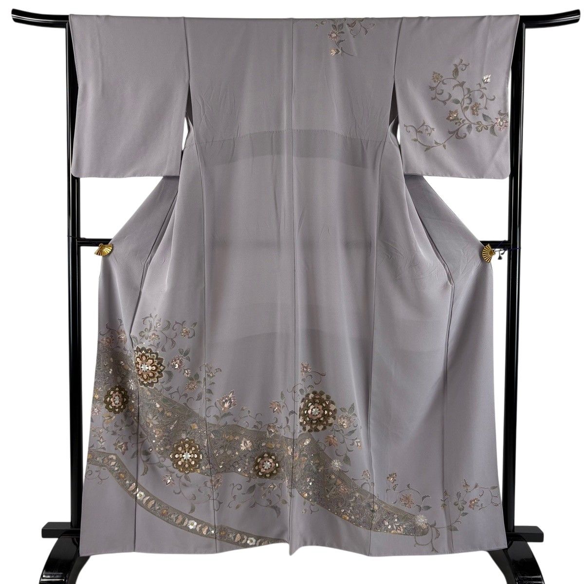 訪問着 身丈161.5cm 裄丈66cm M 袷 華文 花唐草 刺繍 金糸 薄紫 正絹 秀品 【中古】
