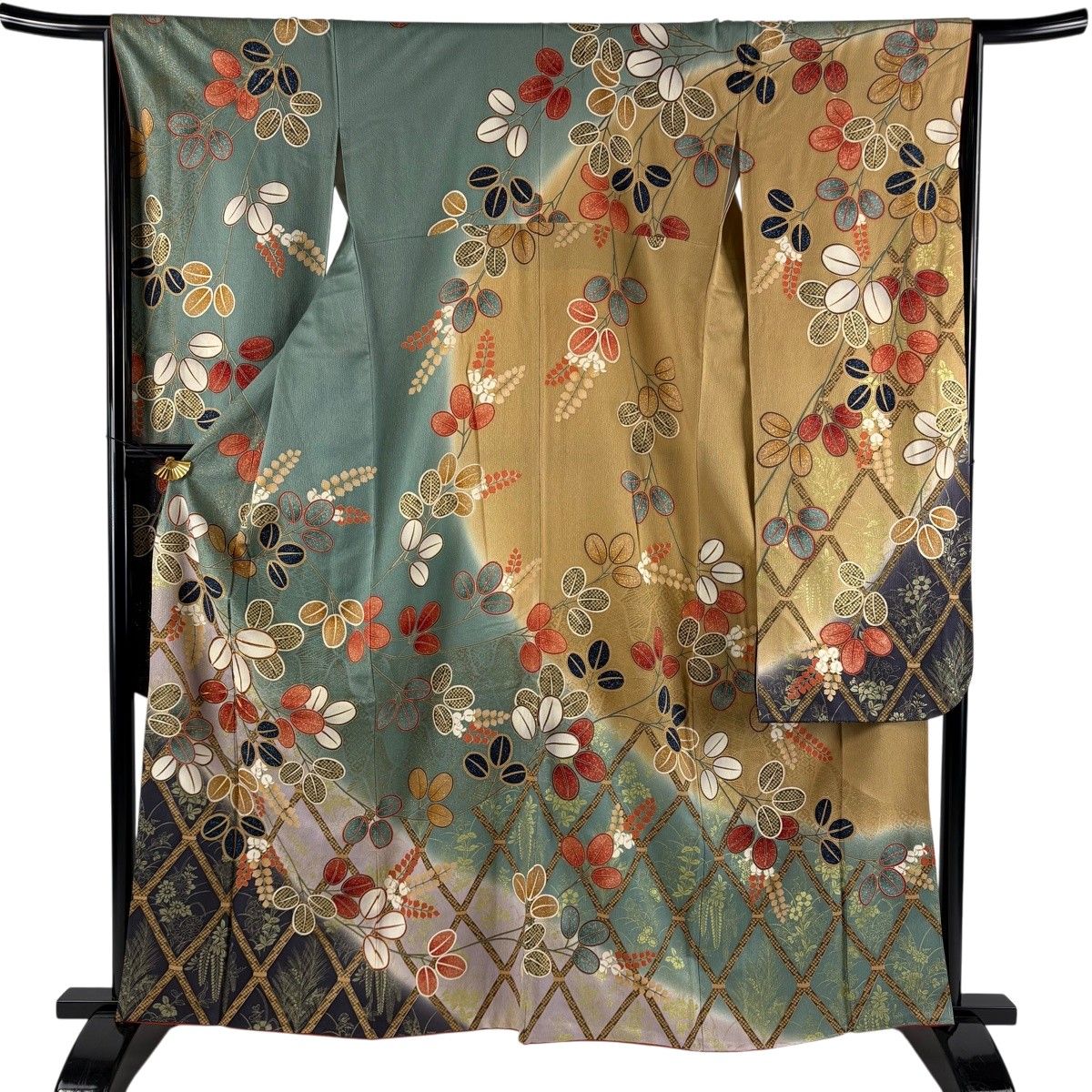 振袖 身丈162.5cm 裄丈66cm M 袷 やまと 萩 草花 金彩 金糸 灰緑 正絹 秀品 【中古】