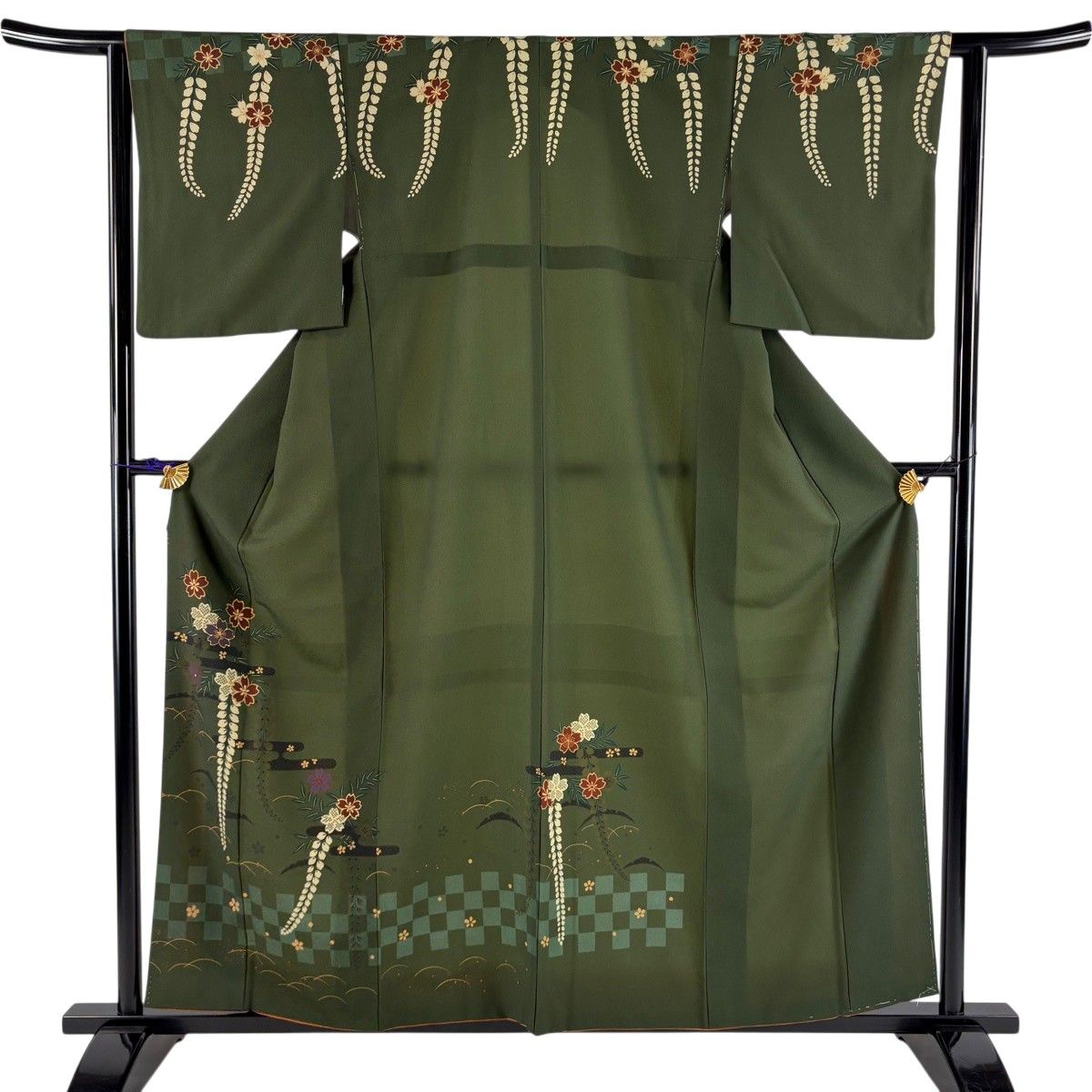 訪問着 身丈159.5cm 裄丈63cm S 袷 桜 ヱ霞 金彩 緑 化繊 秀品 【中古】