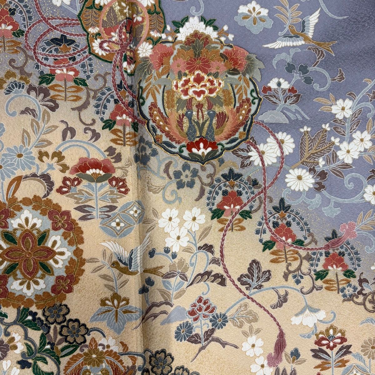 訪問着 身丈165.5cm 裄丈67.5cm L 袷 向かい鳥文 草花 金糸 金彩 青