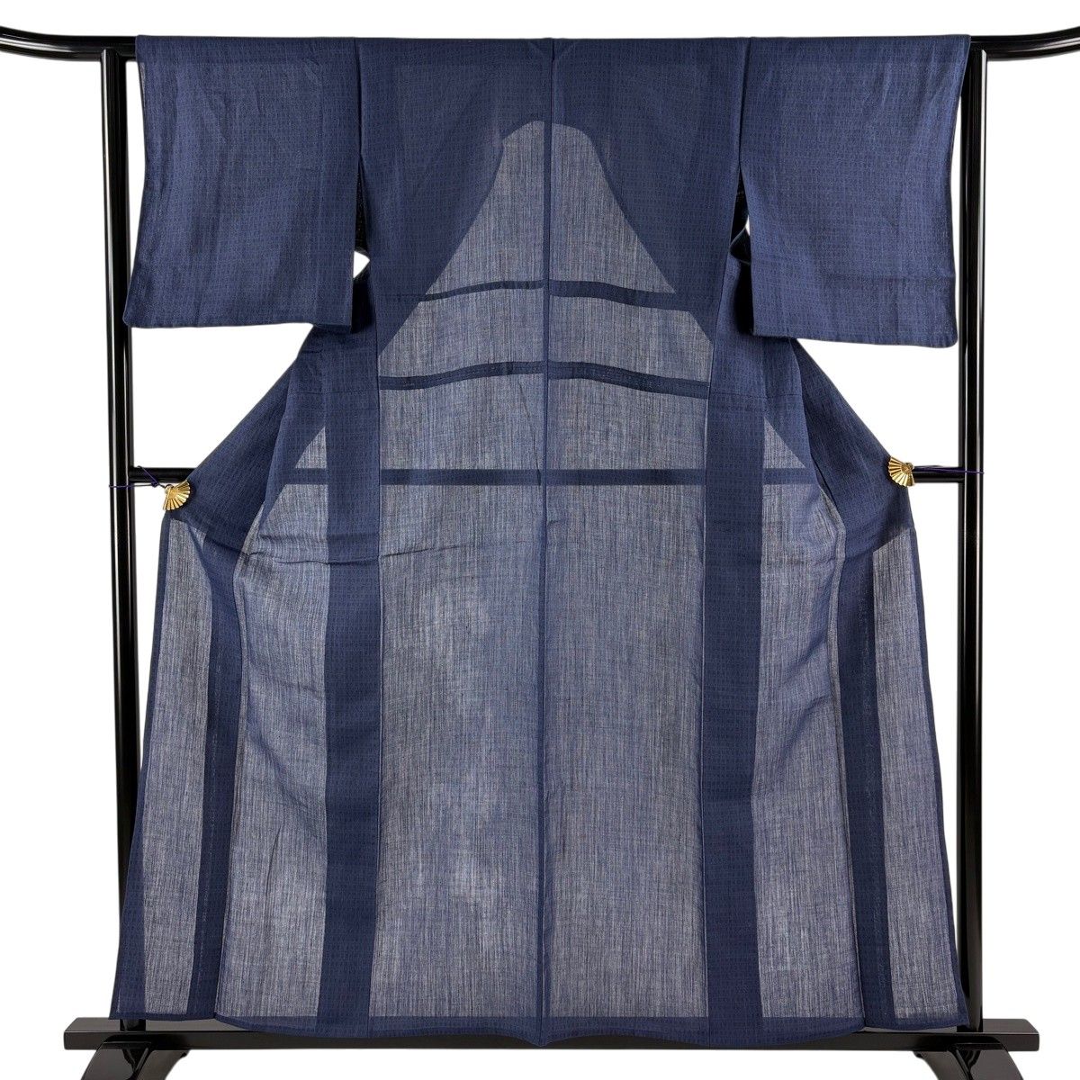 紬 身丈157.5cm 裄丈62.5cm S 薄物 格子 紺色 正絹 秀品 【中古】