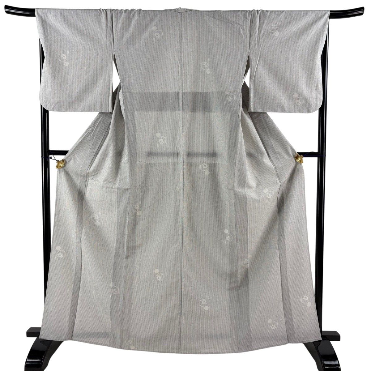 【美品】 紬 身丈164cm 裄丈69cm L 単衣 証紙 縞 梅 灰白 正絹 秀品 【中古】