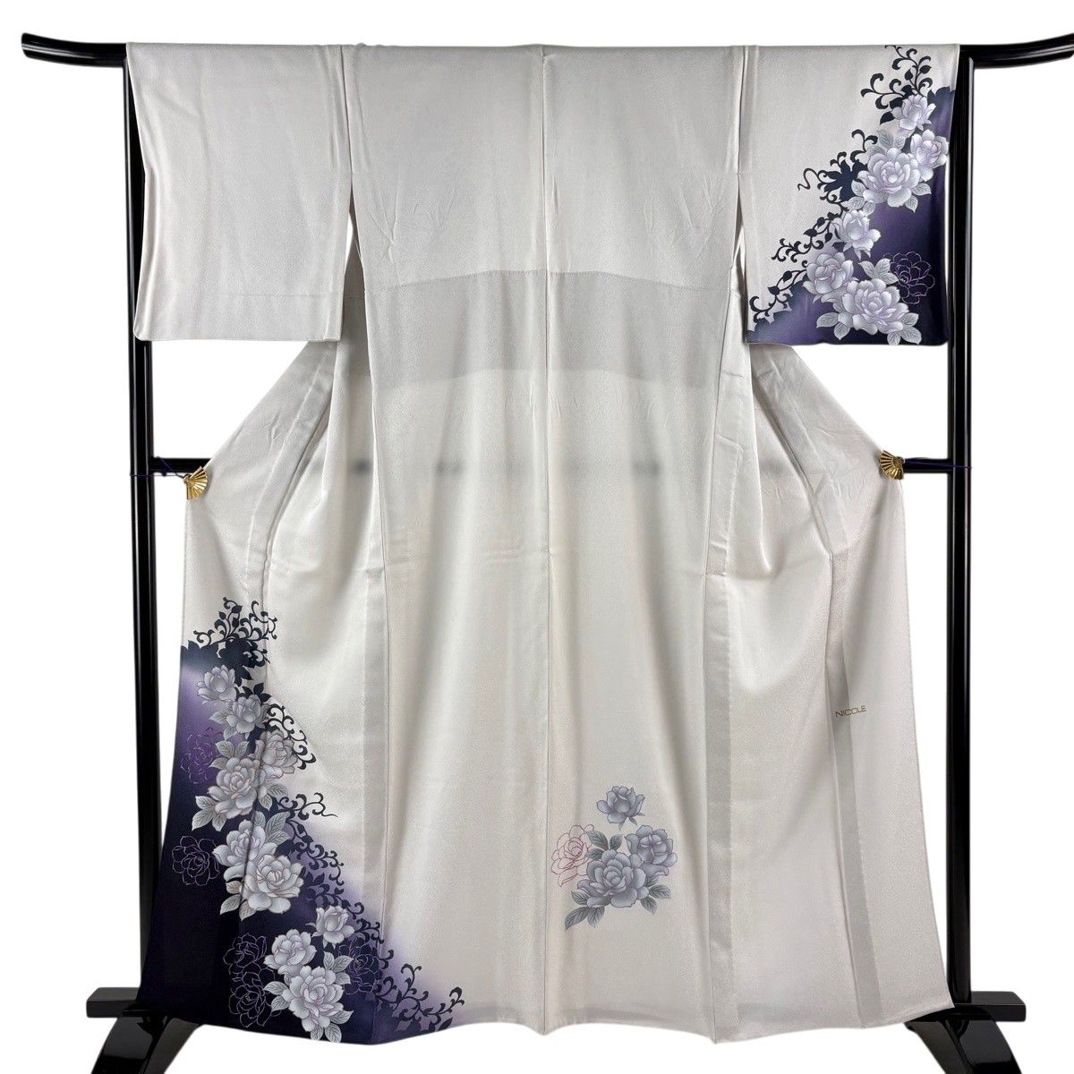 付下げ 身丈159cm 裄丈66cm M 単衣 バラ シルエット 金彩 染め分け 灰白 正絹 秀品 【中古】