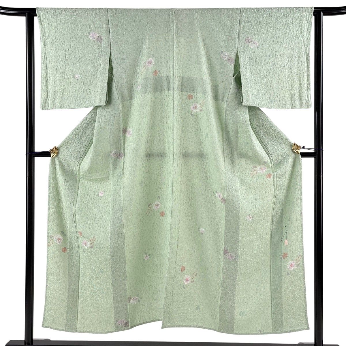 【美品】 小紋 身丈150cm 裄丈64cm M 単衣 落款 草花 地紋 薄緑 正絹 秀品 【中古】