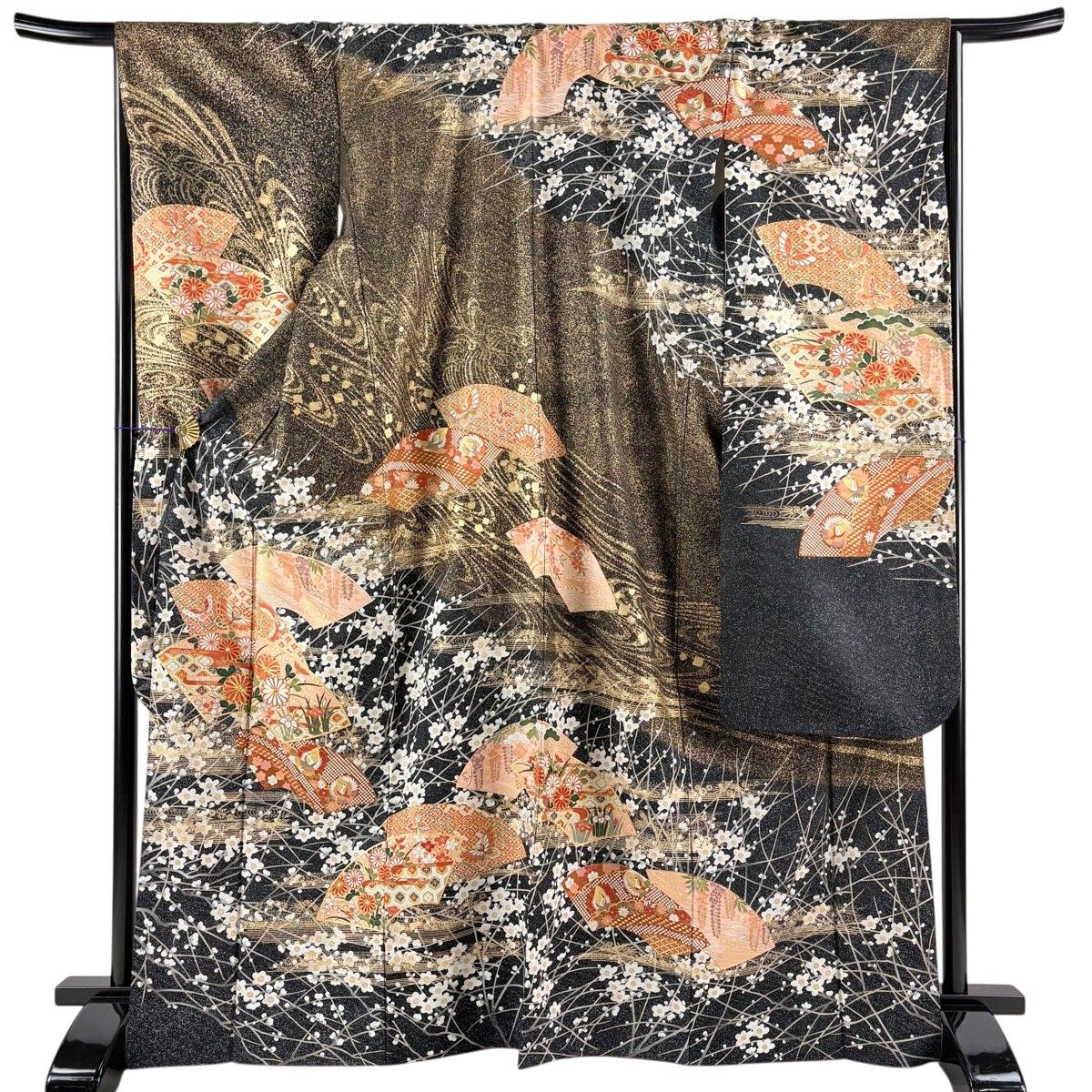 振袖 身丈168cm 裄丈67.5cm L 袷 扇面 草花 金糸 金彩 黒 正絹 秀品 【中古】