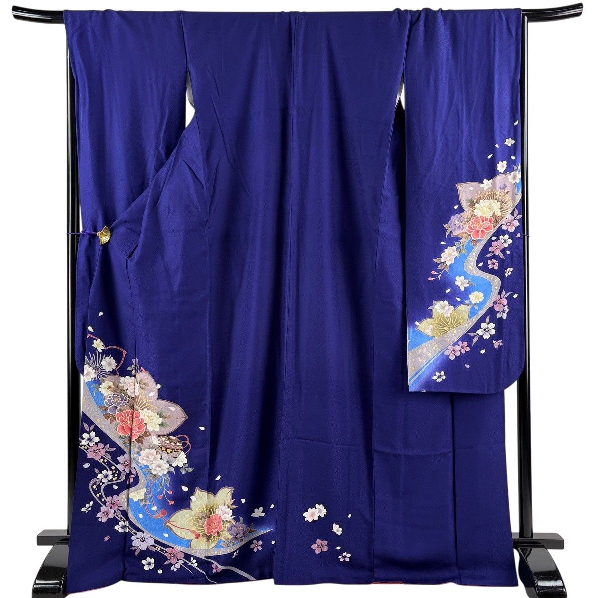 振袖 身丈169cm 裄丈68cm L 袷 牡丹 手鞠 金彩 ぼかし 青紫 正絹 秀品 【中古】