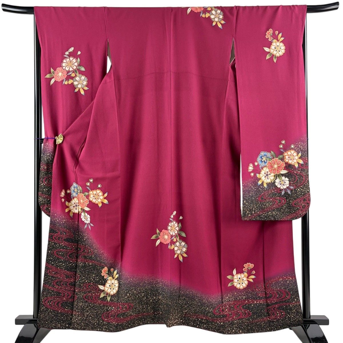振袖 身丈160cm 裄丈68cm L 袷 桜 流水 金彩 ぼかし 赤紫 正絹 秀品 【中古】