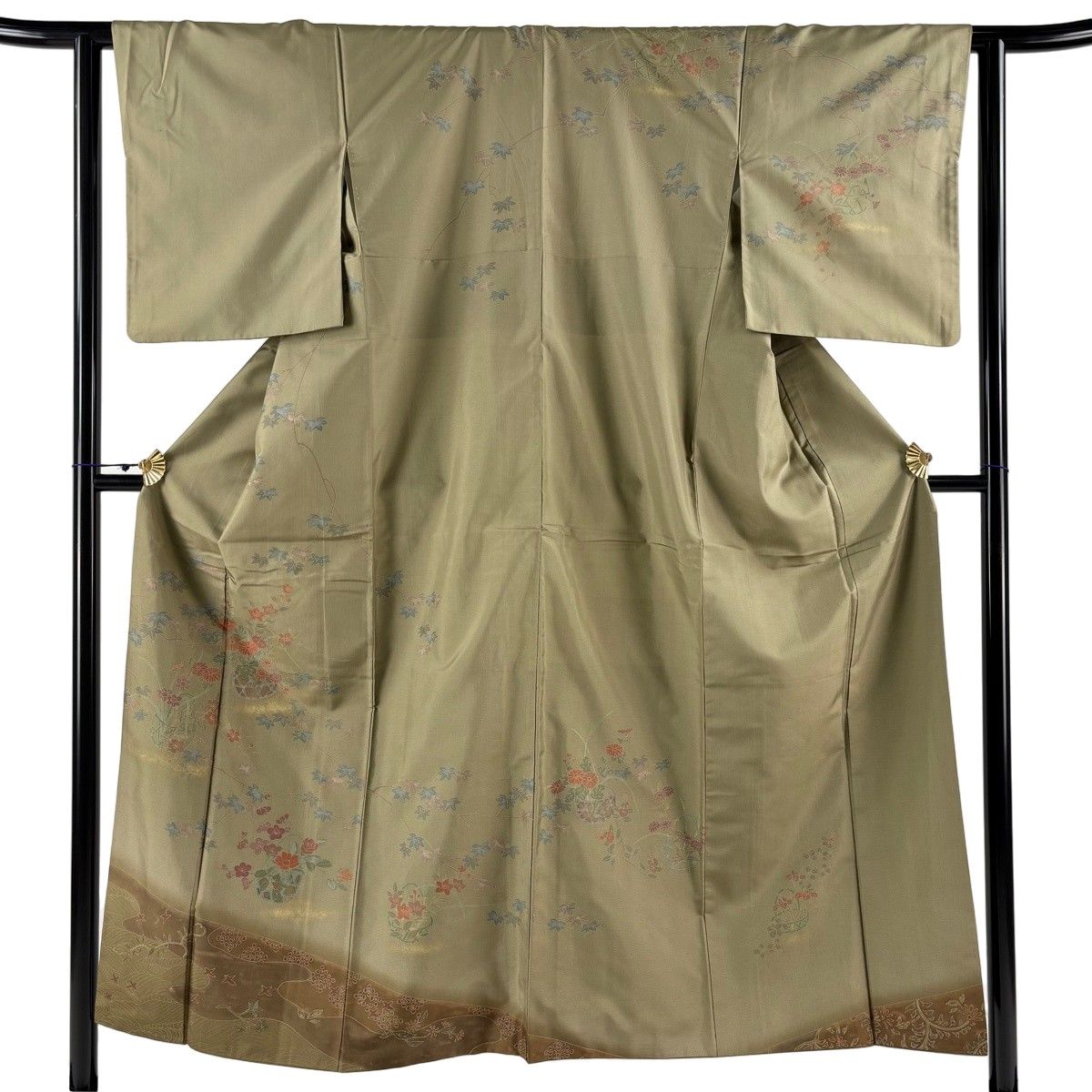 訪問着 身丈152cm 裄丈62cm S 袷 紬地 花籠 草花 金彩 灰緑 正絹 秀品