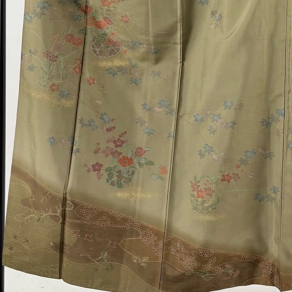 訪問着 身丈152cm 裄丈62cm S 袷 紬地 花籠 草花 金彩 灰緑 正絹 秀品