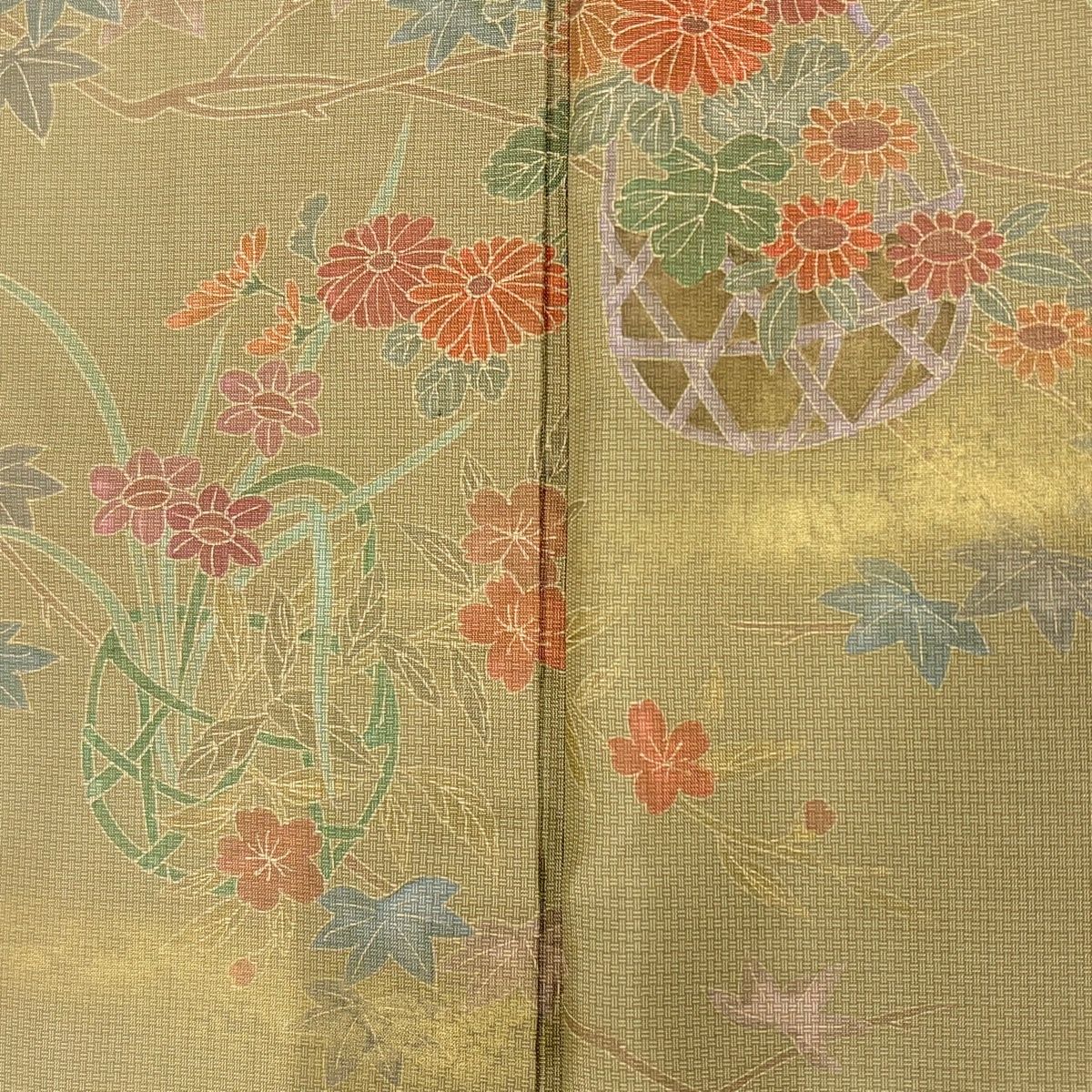 訪問着 身丈152cm 裄丈62cm S 袷 紬地 花籠 草花 金彩 灰緑 正絹 秀品