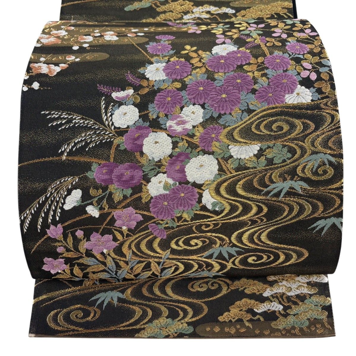 袋帯 逸品 じゅらく 落款 じゅらく帝王紫 菊 松竹梅 金糸 箔 黒 お太鼓柄 正絹 【中古】