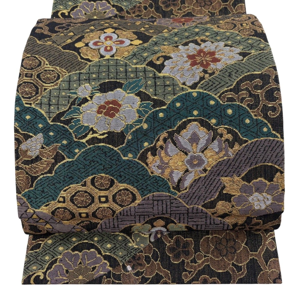 袋帯 美品 逸品 落款 川島織物 波柄 箔 金通し 深緑 六通 正絹 【中古 