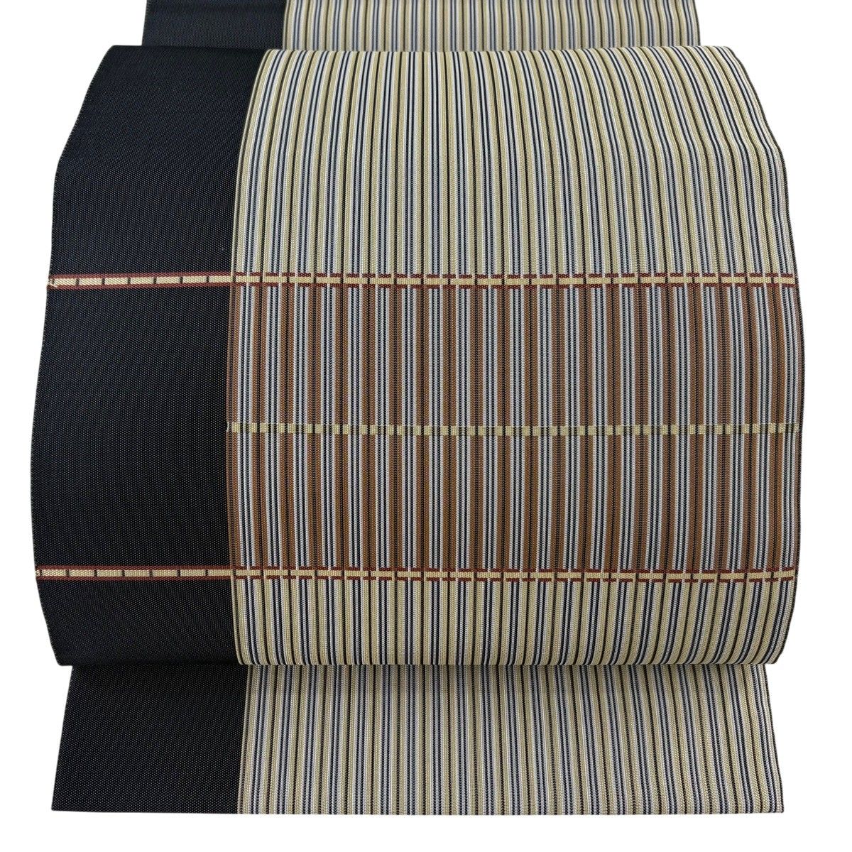 【美品】 袋帯 逸品 落款 縞 ベージュ 全通 正絹 【中古】