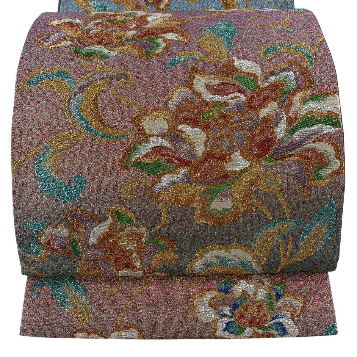 【美品】 袋帯 逸品 花唐草 箔 オレンジ 六通 正絹 【中古】