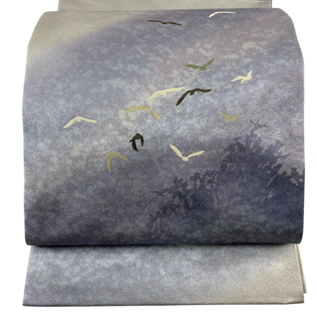【美品】 袋帯 秀品 落款 鳥 シルエット 銀糸 ぼかし 青灰色 お太鼓柄 正絹 【中古】