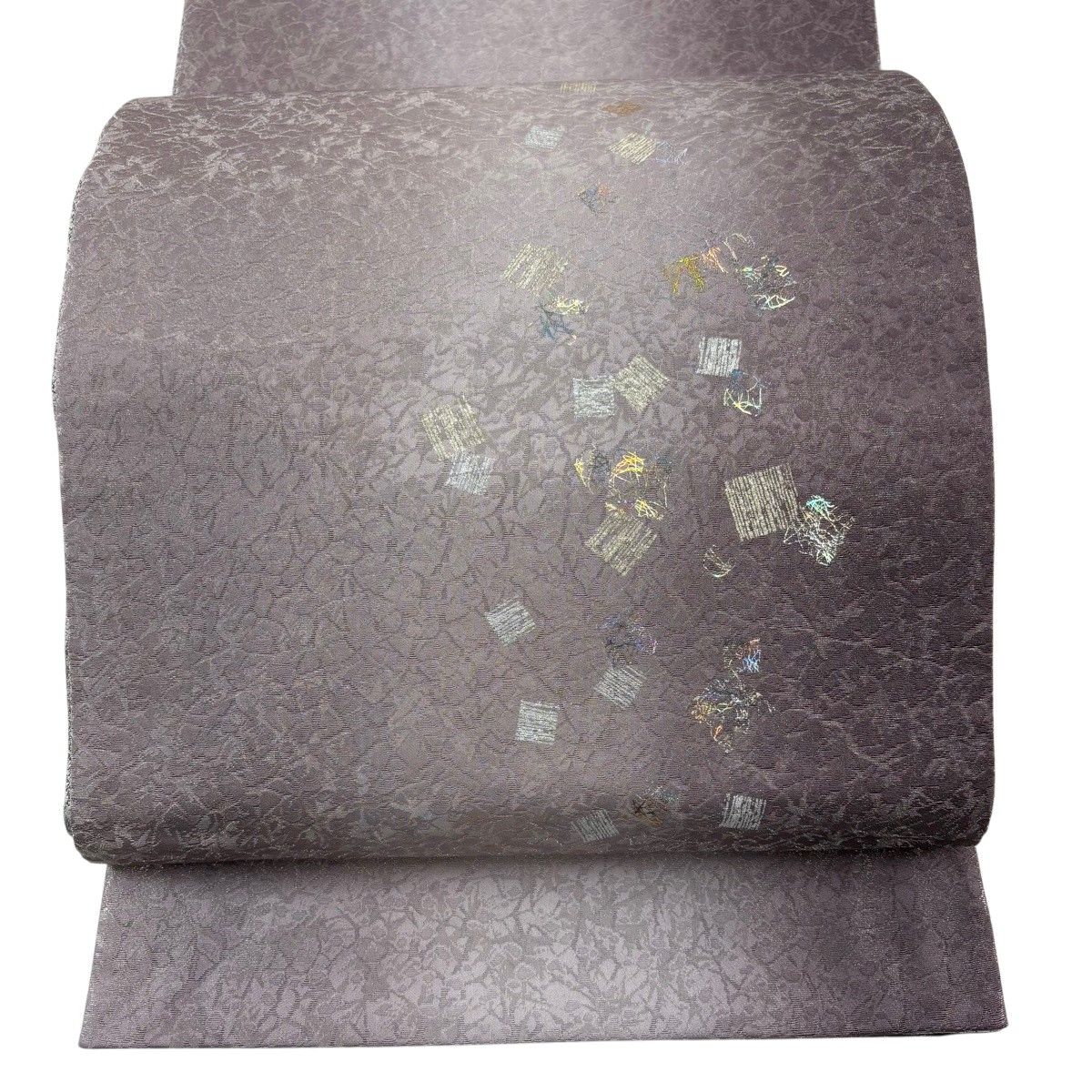 【美品】 袋帯 秀品 落款 箔散らし 銀糸 金銀彩 紫 お太鼓柄 正絹 【中古】
