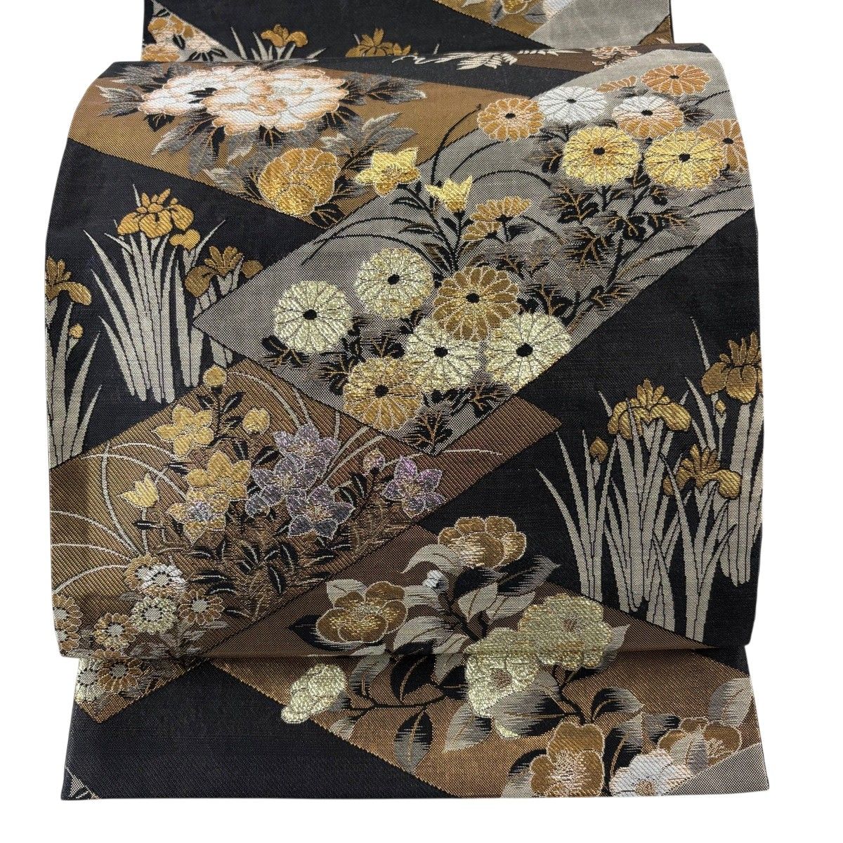 袋帯 秀品 牡丹 菊 箔 墨色 六通 正絹 【中古】