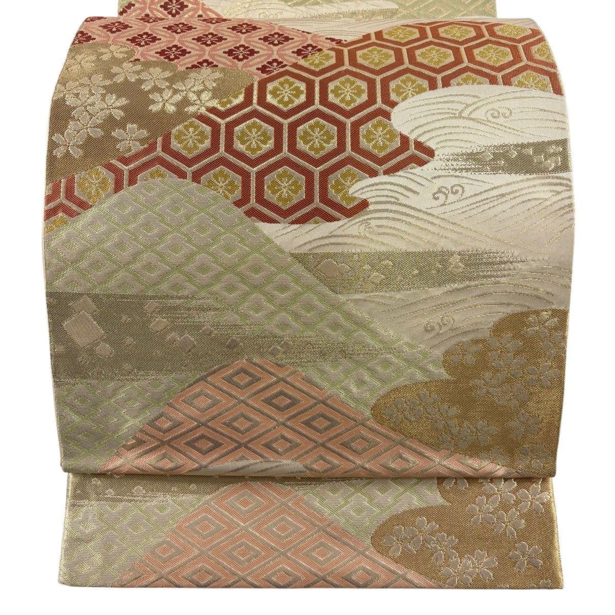 袋帯 秀品 川島織物 落款 七宝 亀甲 金糸 箔 ベージュ 六通 正絹 【中古】