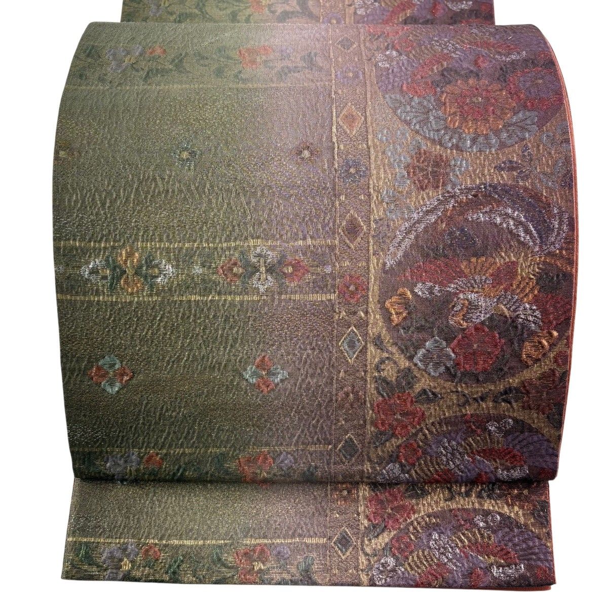 【美品】 袋帯 秀品 正倉院纐纈 花鳥 草花 箔 紫 六通 正絹 【中古】