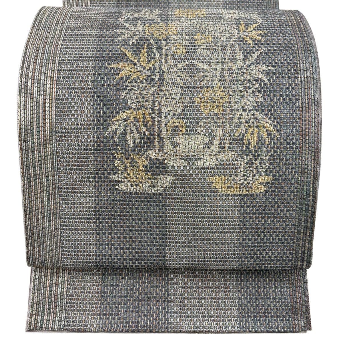 【美品】 袋帯 秀品 樹木 箔 金糸 灰色 六通 正絹 【中古】